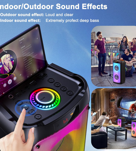 Bluetooth Speaker, Portable Party Speaker with 2 Microphones, DJ Lights for Outdoor and Home