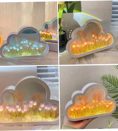 Tulip Lamp Tulip Mirror Night Light,  Tulip Cloud Desk Lamp - LED Living Room Bedside Desktop Ornaments,Night Light for Bedroom (Blue)