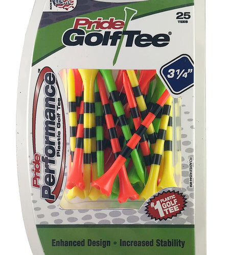 Pride Performance Plastic Golf Tees, 3-1/4" Length, Striped Fruit Mix, 25 Count, Low-Resistance Head for Golf, Longer Drives, Durable Plastic