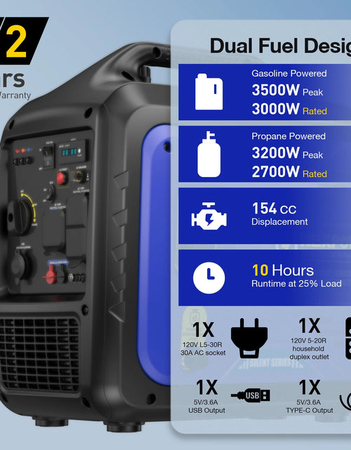 Load image into Gallery viewer, 3500W Portable Inverter Generator, Dual Fuel Super Quiet Generator, Eco-Mode Feature, Parallel Capability, EPA Compliant, Lightweight for Backup Home &amp; Camping
