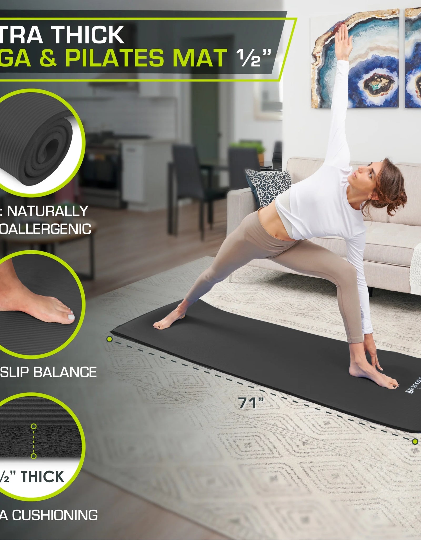 Extra Thick Yoga and Pilates Mat 1/2-Inch or 1-Inch Thick for Fitness