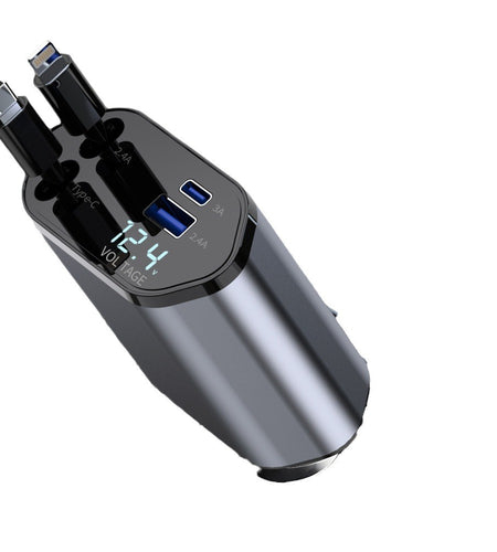 4 in 1 Retractable Car Charger, 100W Fast Car Phone Charger with Iphone and Type C Cable and 2 Charging Ports Car Charger Adapter