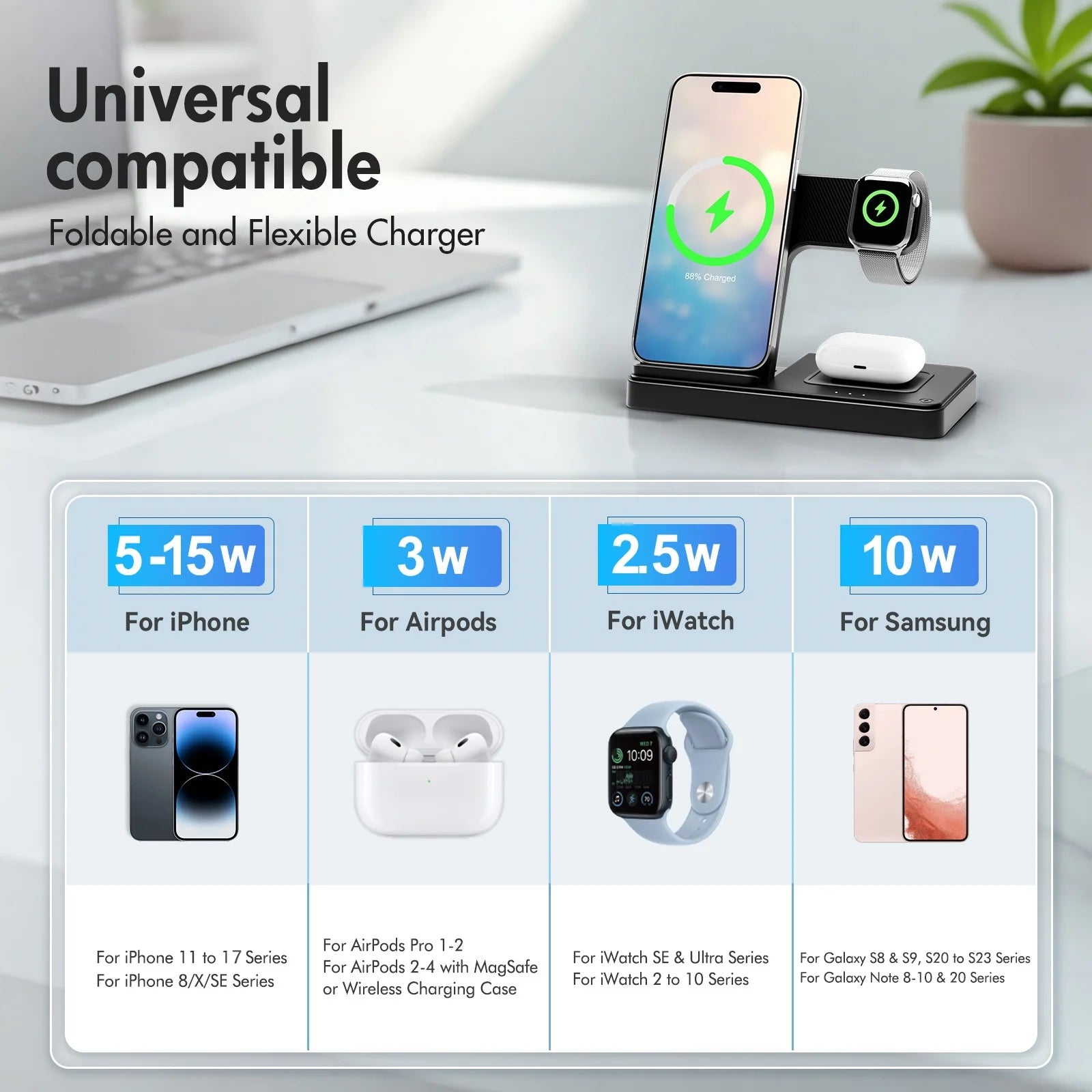 Wireless Charger,15W Wireless Charging Station Compatible with Iphone 17 16 15 14 13 12 11 8 Pro Max Mini plus X XR XS Max SE Plus,For Iwatch 10 9 8 7 6 5 4 3 2 SE Ultra,For Airpods 4 3 2