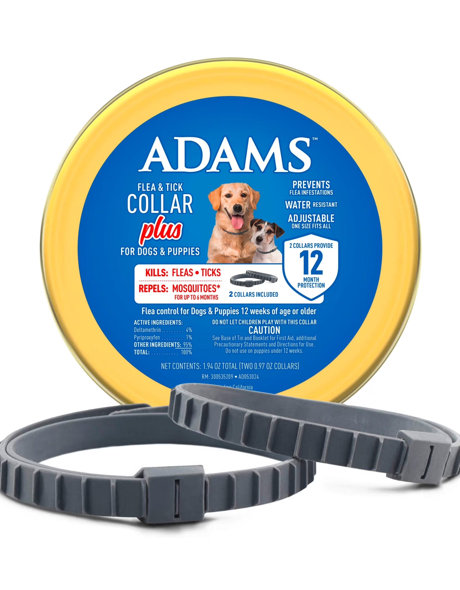 Flea & Tick Collar plus for Dogs & Puppies, 2 Pack, 12 Month Protection, Adjustable One Size, Kills Fleas, Ticks & Repels Mosquitoes, excluding California